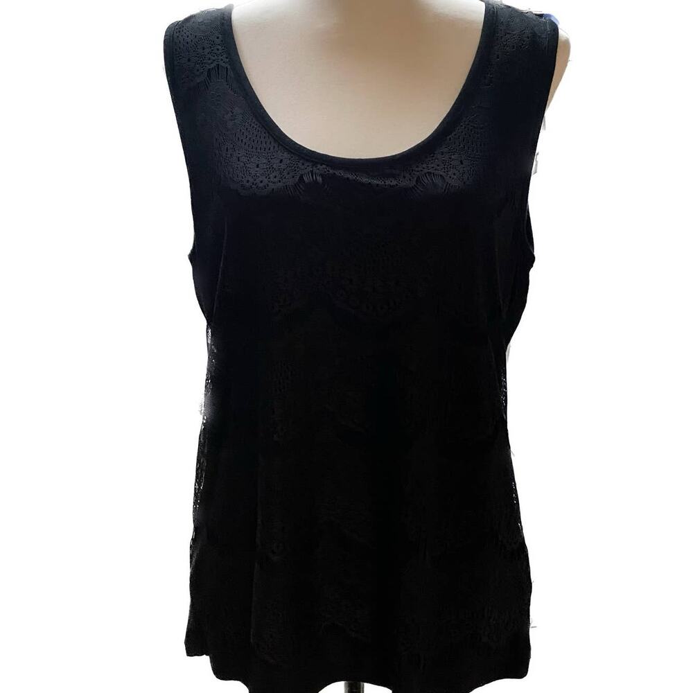 Ellen Tracy Feminine Girly Lace Scallops Viscose Stretch Tank Top Women L Black